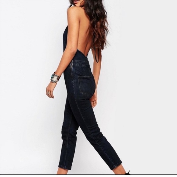 Free People Hearts on Fire Black Denim Open Back Halterall Jumpsuit size 2 - Picture 4 of 14